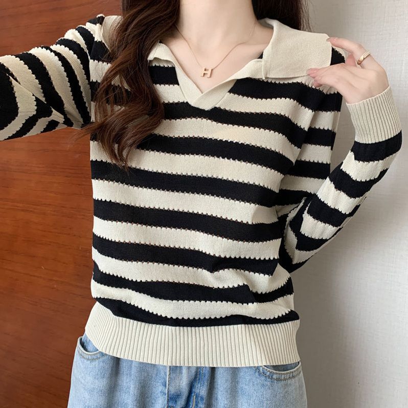 

Полосатый лацкан вязаный свитер с длинными рукавами осенний облегающий крой универсальная модная верхняя одежда с цветными блоками базовый топ 2XL абрикосовый