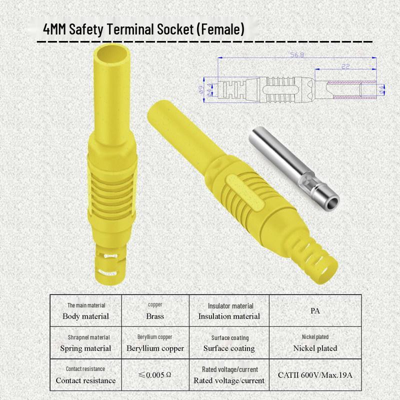 4mm Male to Female Banana Plug Test Extension Cord, Copper-Nickel Plated Connector, 32A Solderable Socket