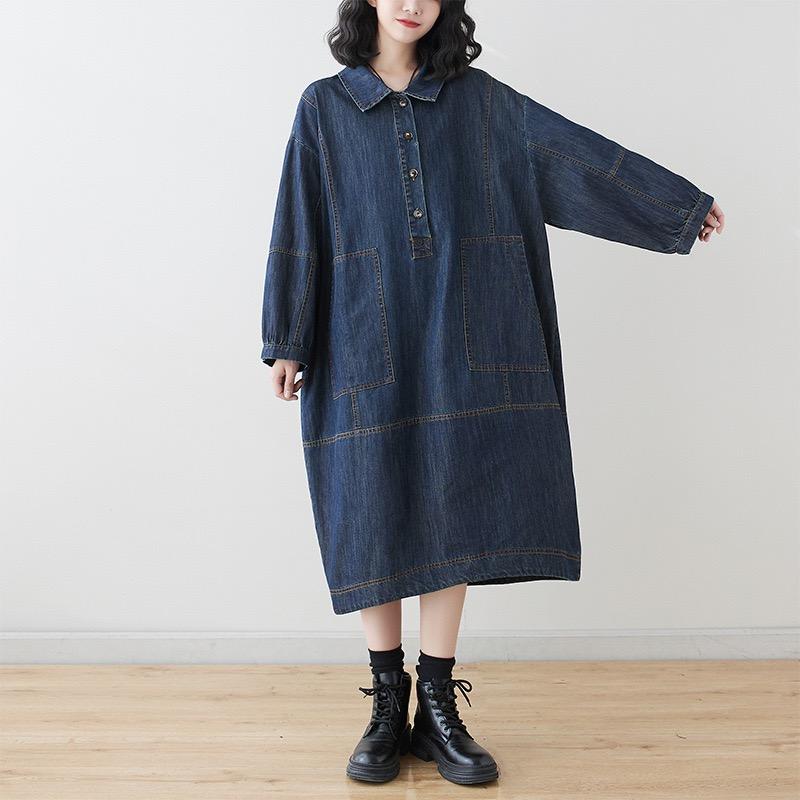 LYRIA Denim Casual Long Sleeve Collar Dress Large Size Women's Leisure Dress Korean Version