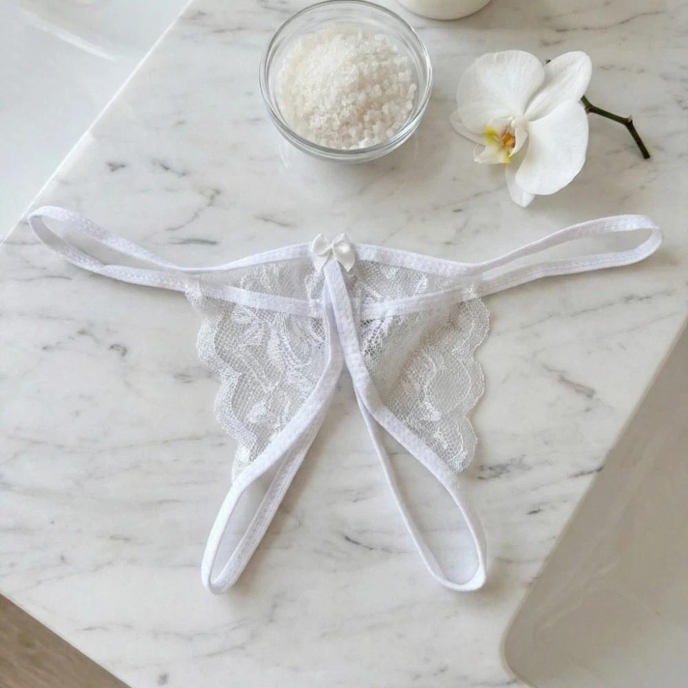 Open Crotch Bow Mesh Lace Panties Hollow Thin Belt Thong Underwear for Women Valentine's Day Gift