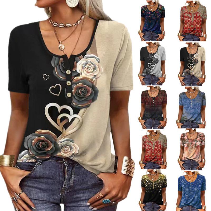 Elegant T-shirt Ladies Short-sleeved Fashion Ethnic Style Loose Retro Casual Button Shirt 3d Floral Print Loose Summer Top