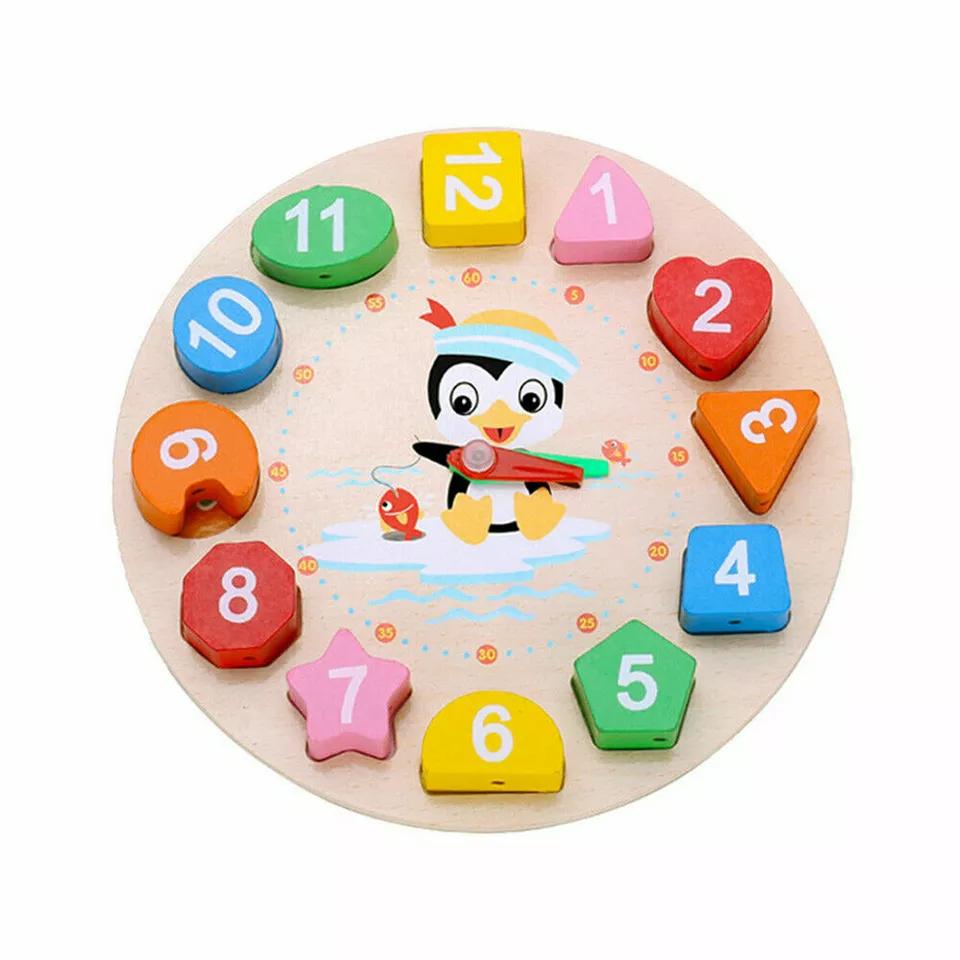 Clock Toy Wooden Teaching Clock Penguin Clock Toys Teaching Time Number Puzzle Stacking Montessori Educational Toys For Kids