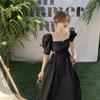 Abito vintage francese Abito da donna casual con maniche a sbuffo Abito intero coreano con fasciatura gotica Abito midi nero Abito da sera femminile Chic