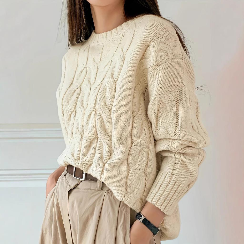 Women Fall Winter Twist Knit Top Pullover Sweater Loose Round Neck Solid Color Versatile Fashionable Comfortable Petite