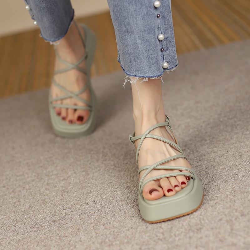 Plus 43 44 Rome Platform Sandals Women Summer  Beach Fashion Flat Casual Cross -Tie Open Toe Narrow Band Shoes Rome Sandals