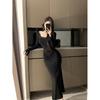 Pure lace splicing long-sleeved dress women's autumn slim-fitting inner skirt gray waist fishtail hip-wrapped long dress
