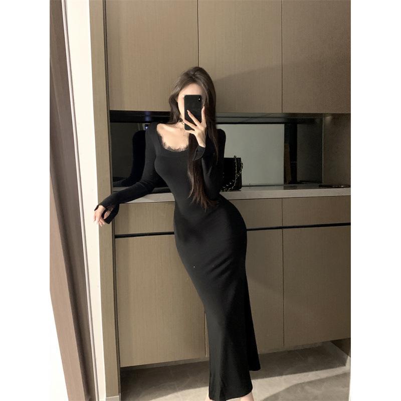 Pure lace splicing long-sleeved dress women's autumn slim-fitting inner skirt gray waist fishtail hip-wrapped long dress