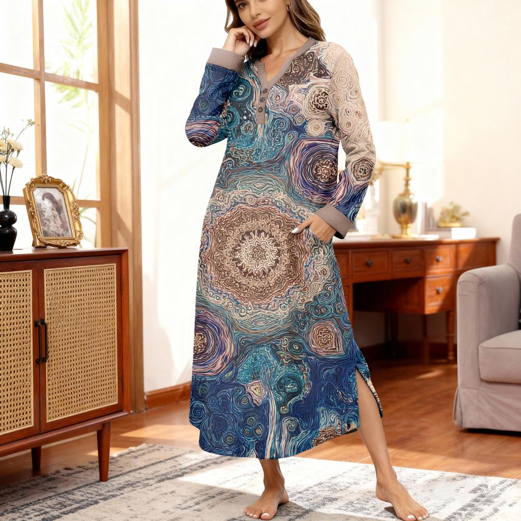 Damska koszula nocna długa odzież wypoczynkowa dekolt V sukienka nocna z kieszeniami