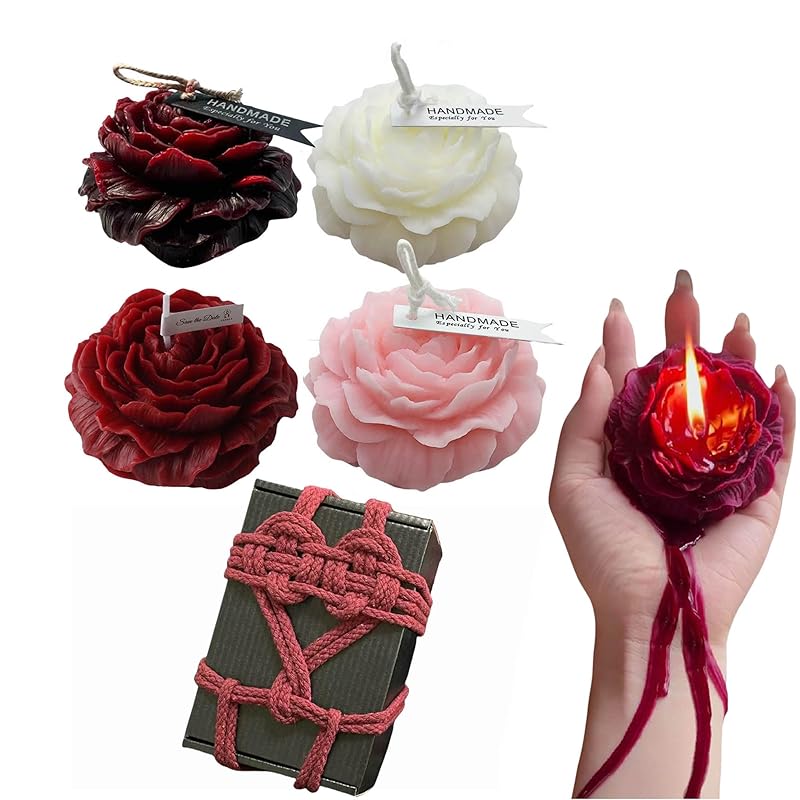 118.4°F 4 Pcs Low Temperature Candles Wine Red Red Pink White Peony Flower Shaped Scented Candles Adult Low Heat Body Safe Candles Wax Play for