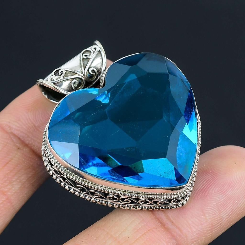 Ciondolo con pietra preziosa di topazio blu, in argento sterling 925 massiccio, regalo per unisex.