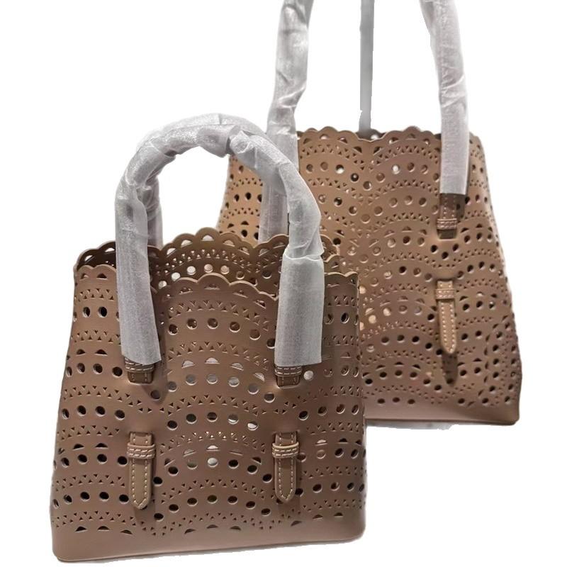 New cowhide leather high-end hollow vegetable basket bucket bag tote bag one shoulder crossbody handbag women