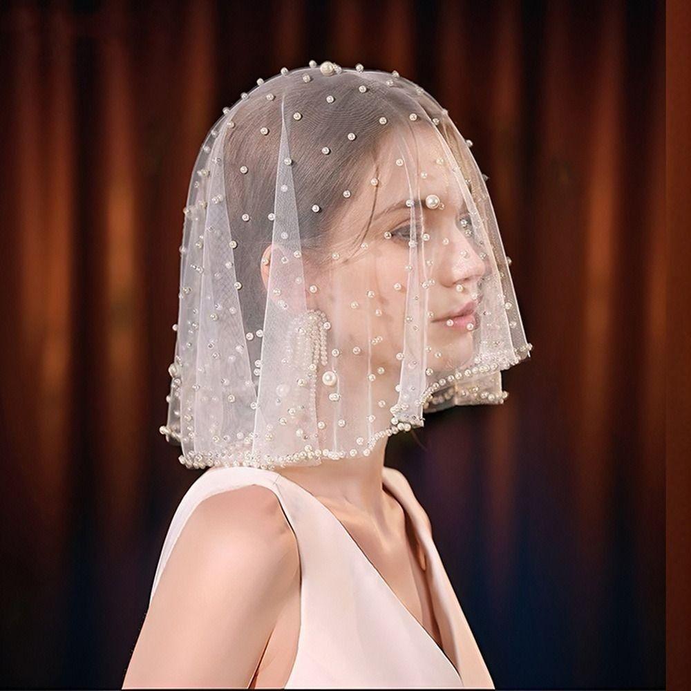 French Wedding Veils Pearls Beads Bride Head Gauze Fashion Brides Veil  Headdress
