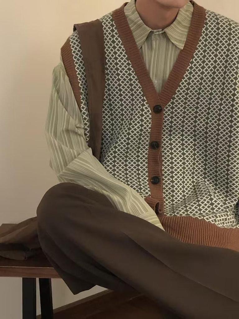 2024 Herren Kaffee Strick Cardigan Weste: Locker, Amerikanischer & Japanischer Stil, Herbst/Winter Trend