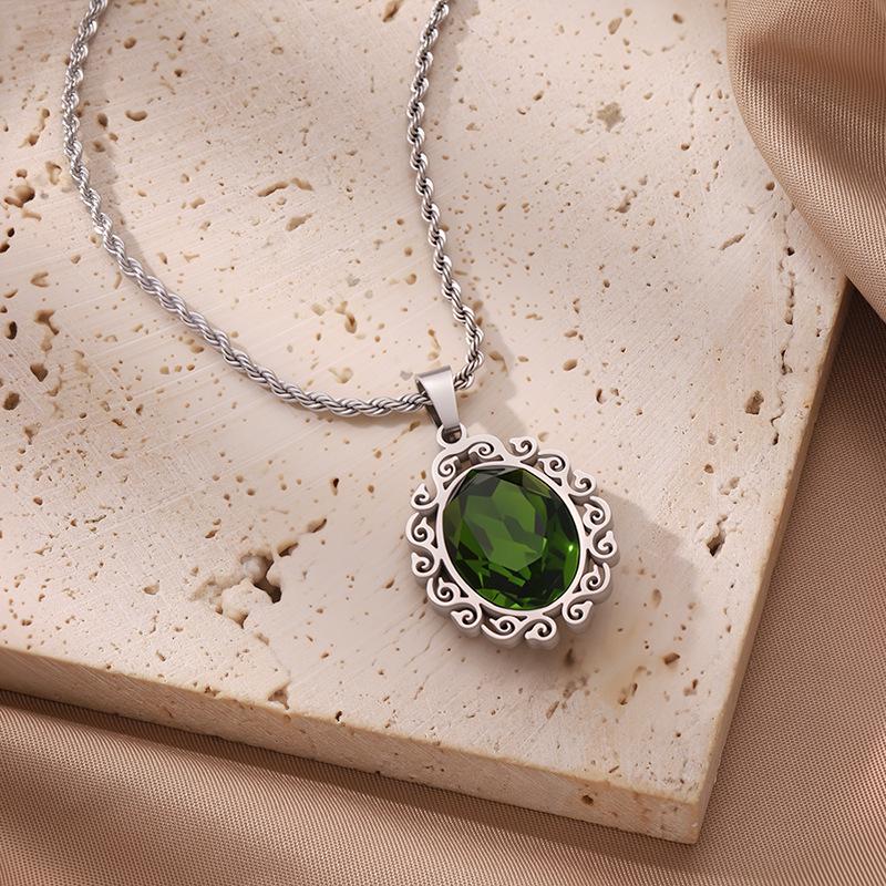 European & American Fashion Exquisite Titanium Steel Necklace with Colorful Zircon & Geometric Pendant for Women