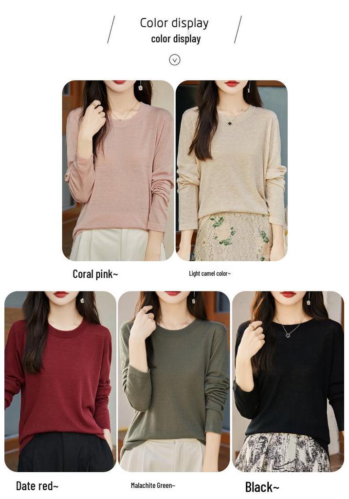 Women's Minimalist Wool Pullover - Thin, Round Neck, Long Sleeve, Loose Fit