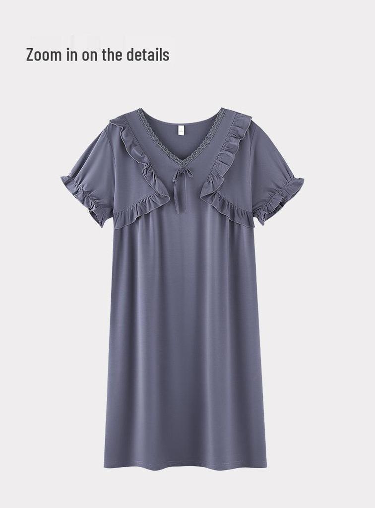 Women's Court Style Cotton Silk Nightgown with Built-In Bra Pads, French Large Size Summer Pajama Dress