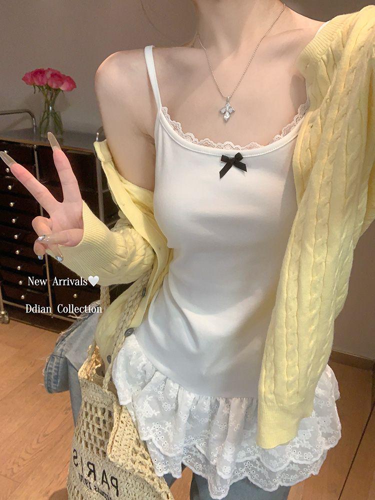 Women's White Bow Spaghetti Strap Ballet Tank Top with Lace Ruffle Hem