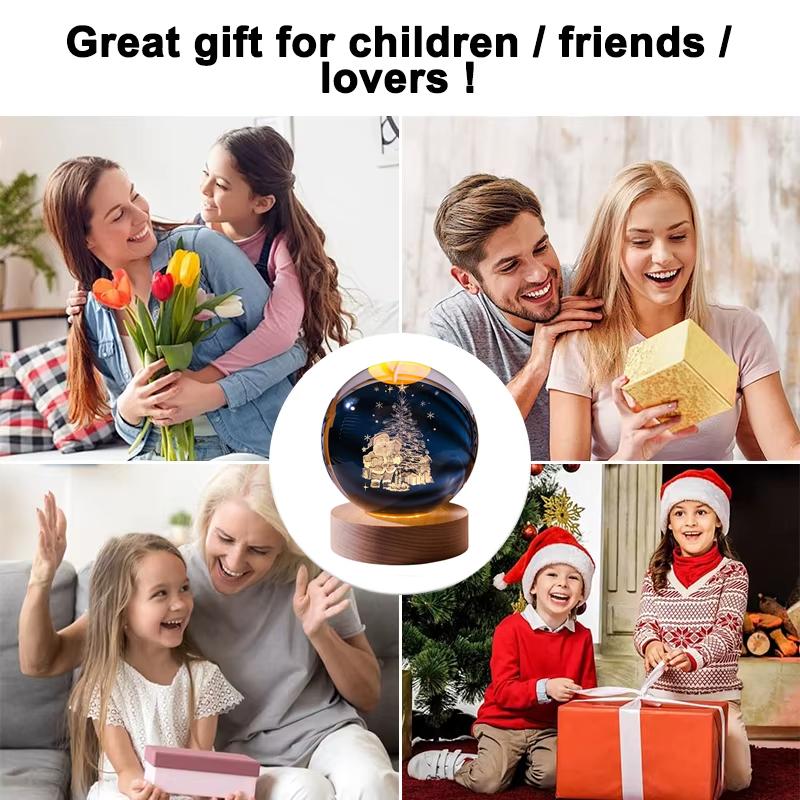 3D Crystal Ball Night Light with Santa Claus Scene USB Powered Glass Lamp Wooden Base Christmas Gift Home Decor for Kids Bedroom