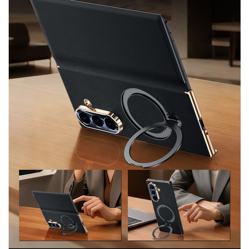 Genuine Leather For Magsafe Magnetic Bracket Case for Samsung Galaxy Z Fold 7 Fold 6 Fold 5 Luxury Central Axis Hinge Stand Case