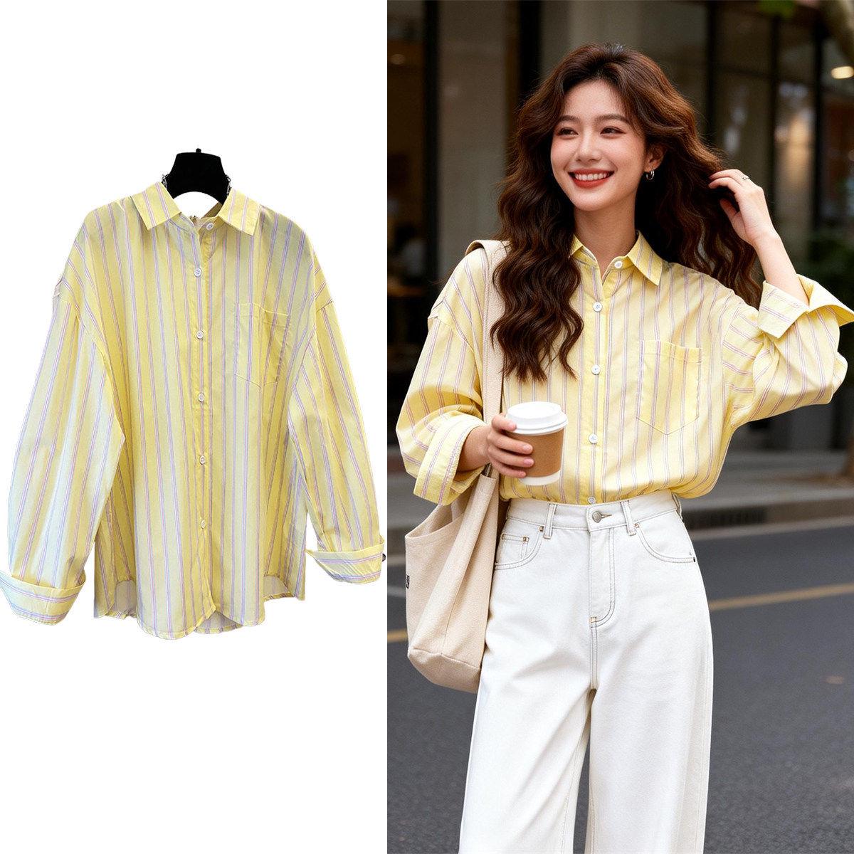 

Elegant French Striped Shirt for Women - Loose Fit, Slimming, Perfect for Spring and Autumn Commutes 3XL жовтий