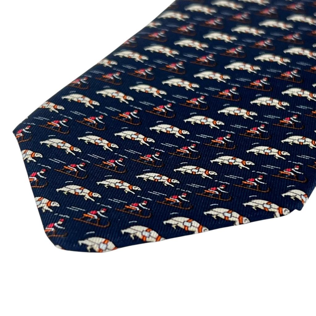 Excellent HERMES Tie Riding Pattern Navy Blue Silk Mens 5658 EA Used