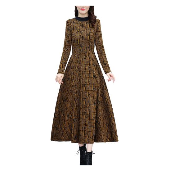 2024 Autumn Winter Women Dress Round Neck Thick Long Sleeve Printed Warm Soft A-line Loose Hem Pockets Mid-calf Length Mother Maxi Dress