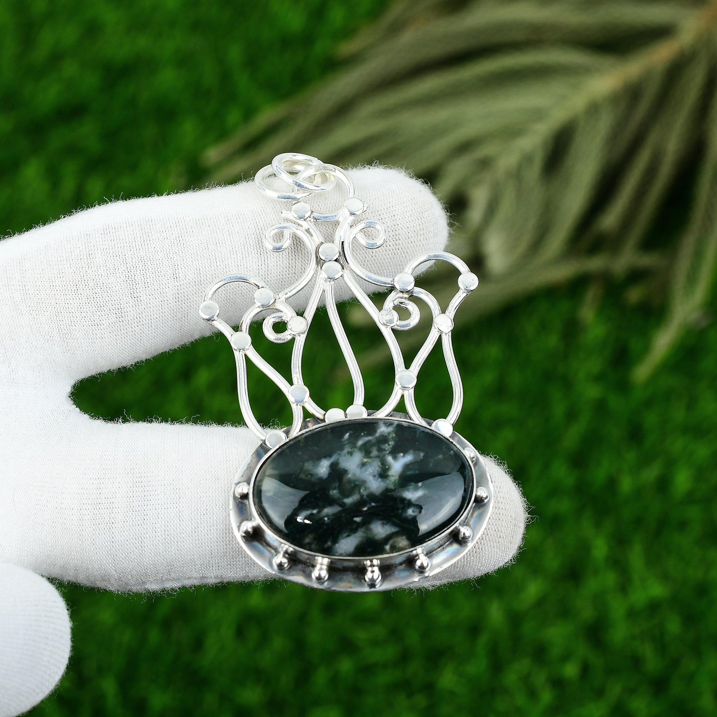 

925 Silver Oval Solar Moss Agate Gemstone Wife Elegant Birthday Pendant Jewelry