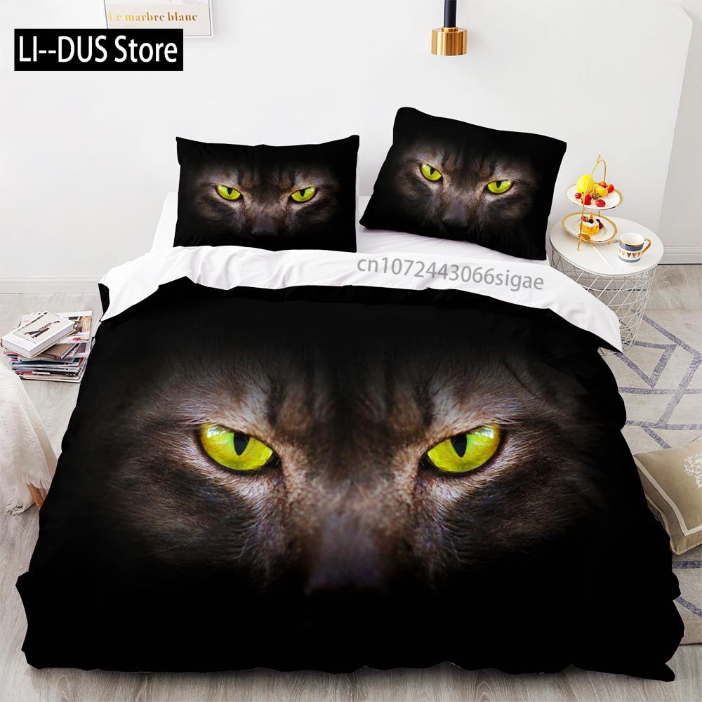 Svart katt Sängkläder Set Enkel Tvilling Full Queen King Size Söt katt Sängset Vuxen Barn Sovrum Påslakan Set 3D-tryck Husdjur 048