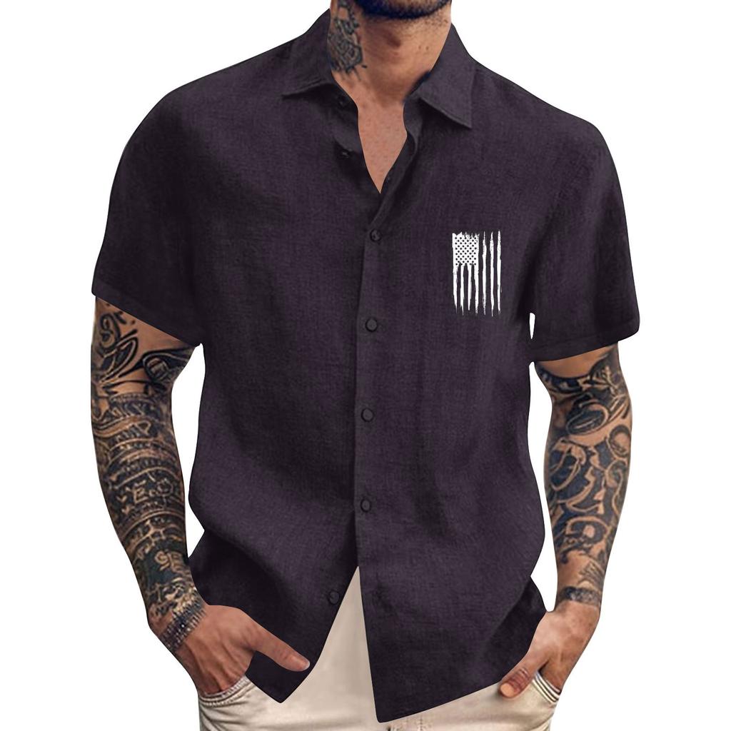Men'S Casual Loose Short Sleeved Printed Shirt With Fashionable Lapel Top