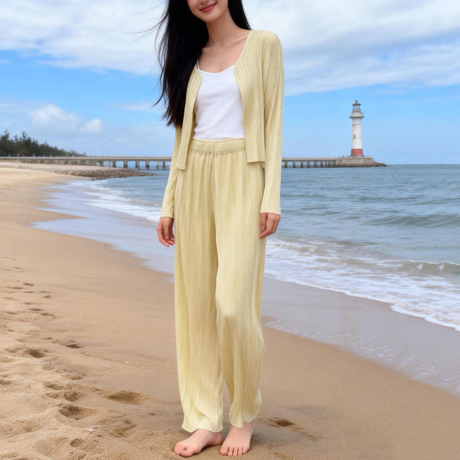 

Miyake Japanese Style Cardigan & Straight-Leg Pants: Elegant Two-Piece Set Top Only