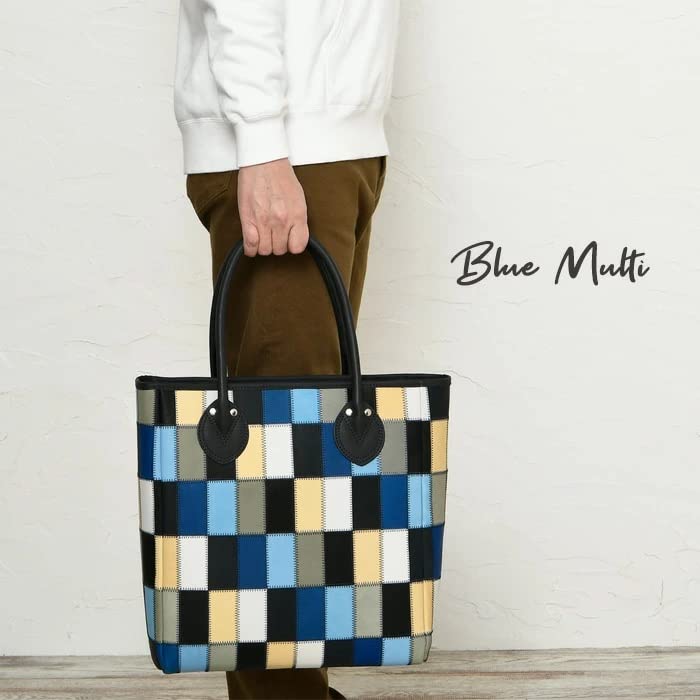 DPC250M Genuine Leather Tote Bag Compatible with A4 Size Patchwork Multicolor Zipper Closure [Tryon] (Blue Multi)