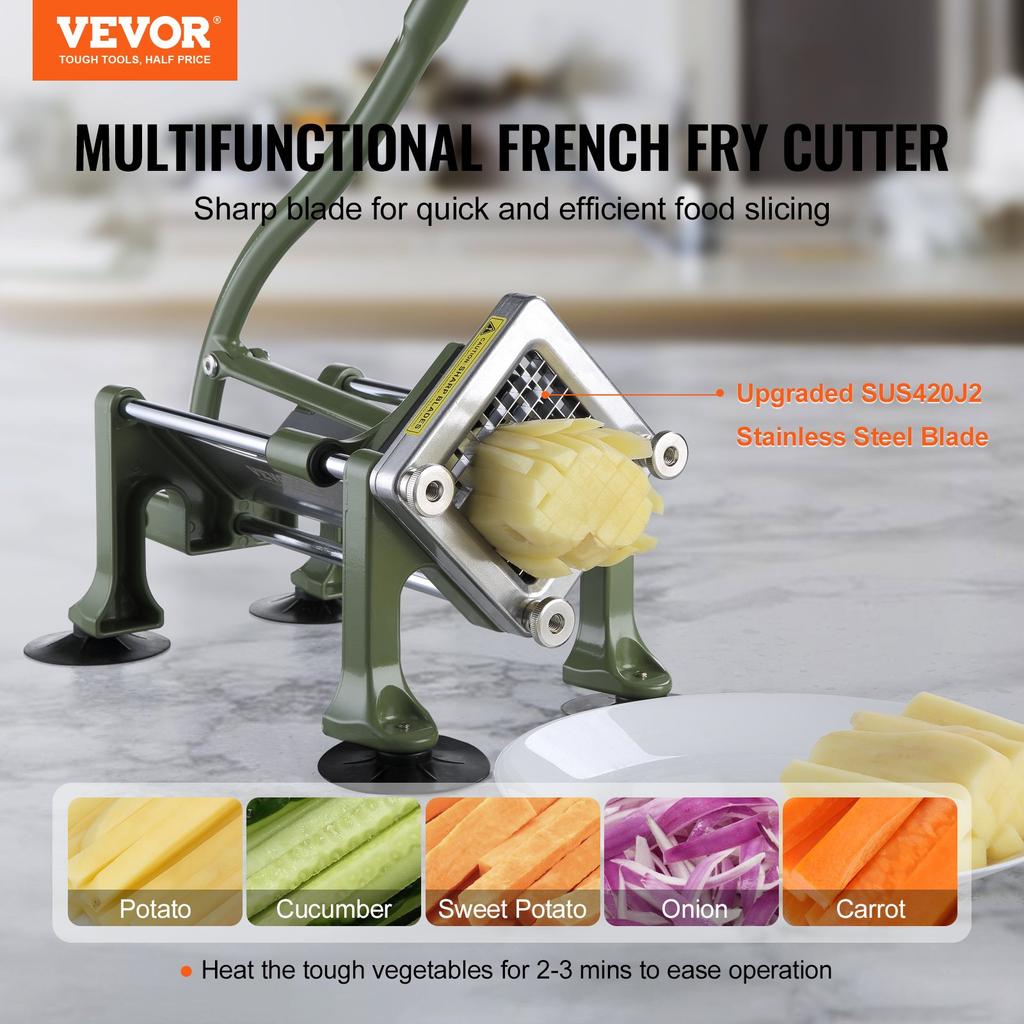 VEVOR French Fry Cutter, Potato Slicer with 1/2" 3/8" 1/4" Stainless Steel Blades, Manual Potato Cutter Chopper with Suction Cups