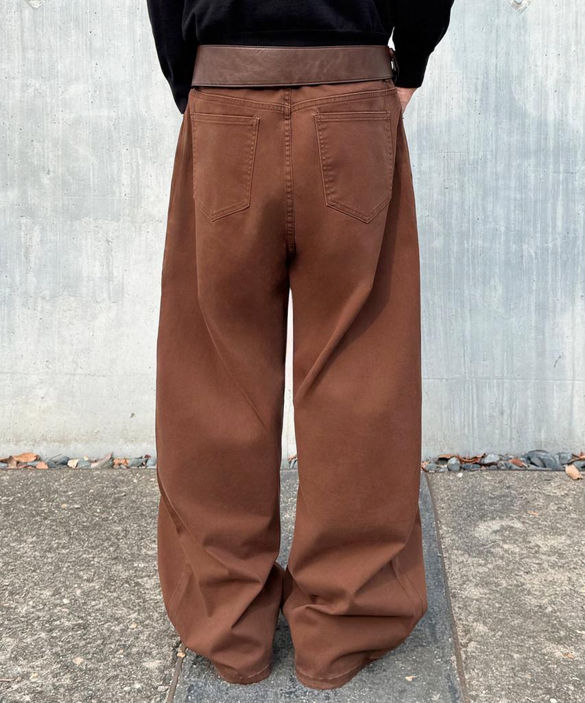 Jikeulib Brushed Brown Curved Cut-Line Wide Cotton Pants
