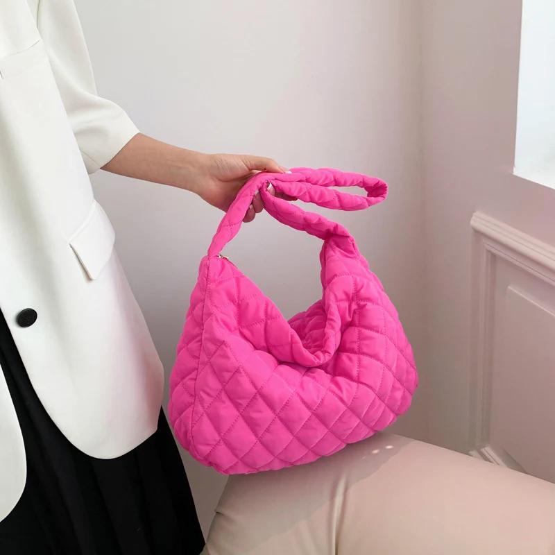 Winter Lingge Embroidery Shoulder Bag for Women Fashi Space Padded Cott Handbag Clutch Ladies Feather Down Big Tote Bags