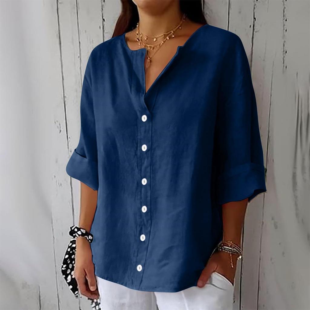 Women's Fashion Casual V-Neck Buttoned Seven Sleeve Cotton Linen Top