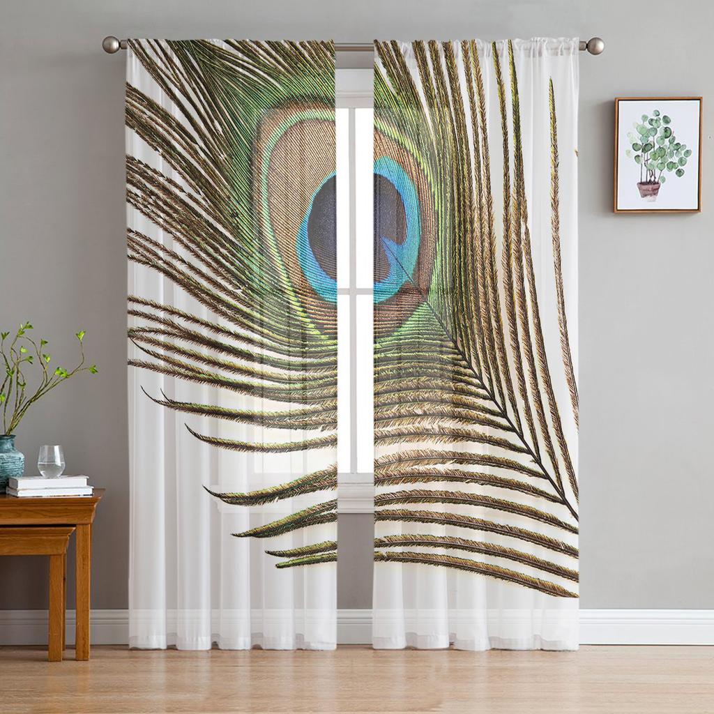 Peacock Feathers Green Curtain Window Tulle For Living Room Bedroom Kitchen Chiffon Sheer Window Treatment Decorations