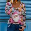 Christmas Women T-shirts  New Autumn Winter Christmas Printed V-neck Long Sleeve Women's T-shirt Fashion Loose Tops