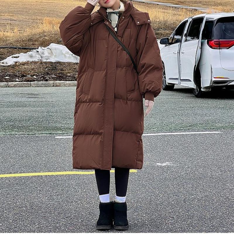 HELIAR Women Autumn Thicken Warm Hooded Long Coat Zipper Button Pocket Casual Down Coat Office Coat Long Sleeve Parkas Winter