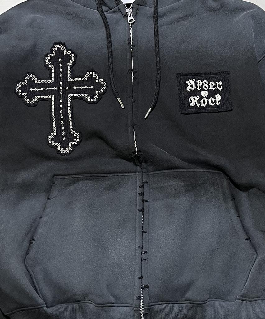 Sk8Er Rock Kreuzstich Grunge Kapuzenpullover mit Reißverschluss ((Schwarz))