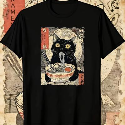 Japanese Ukiyoe Style Black Cat Raunisex Tshirt Unisex Cute Cat Pattern Pure Cotton Casual Top