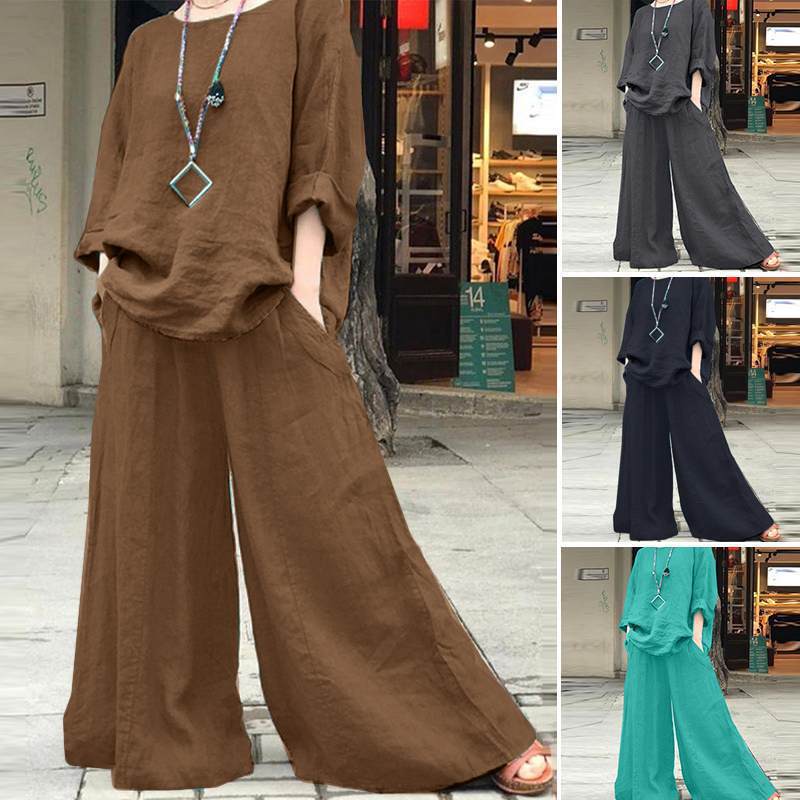 Women's Casual Cotton Linen Set Women's O Neck Long Sleeve Blouses Wide Leg Pants Culottes 2piece Sets Autumn Retro Loose Female Suit