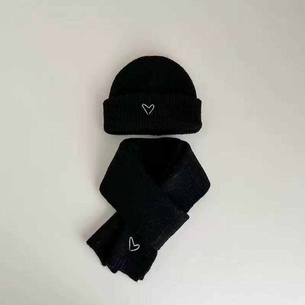 Love Heart Embroidery Crochet Warm Beanie Cap Solid Color Neck Warmer Set Winter Pullover Cap  Ski