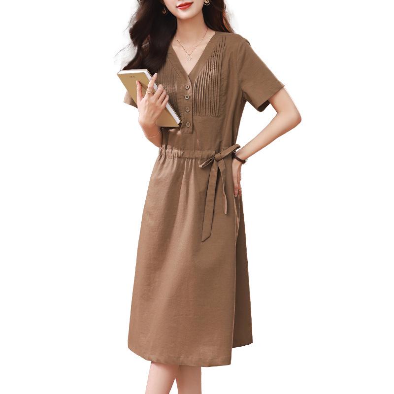 2025 Summer Mid-length V-neck Slimming Cotton Linen Dress for Middle-aged Women
