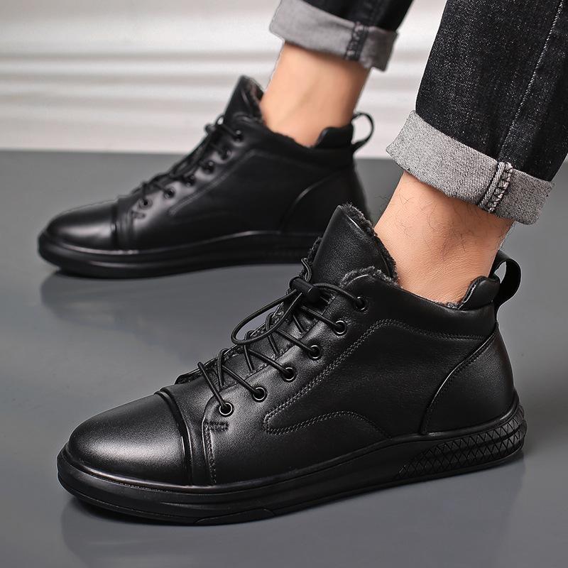 Autumn and winter first-layer cowhide high-top velvet lace-free casual leather shoes men's shoes men's mid-tube board shoes cotton shoes Martin boots