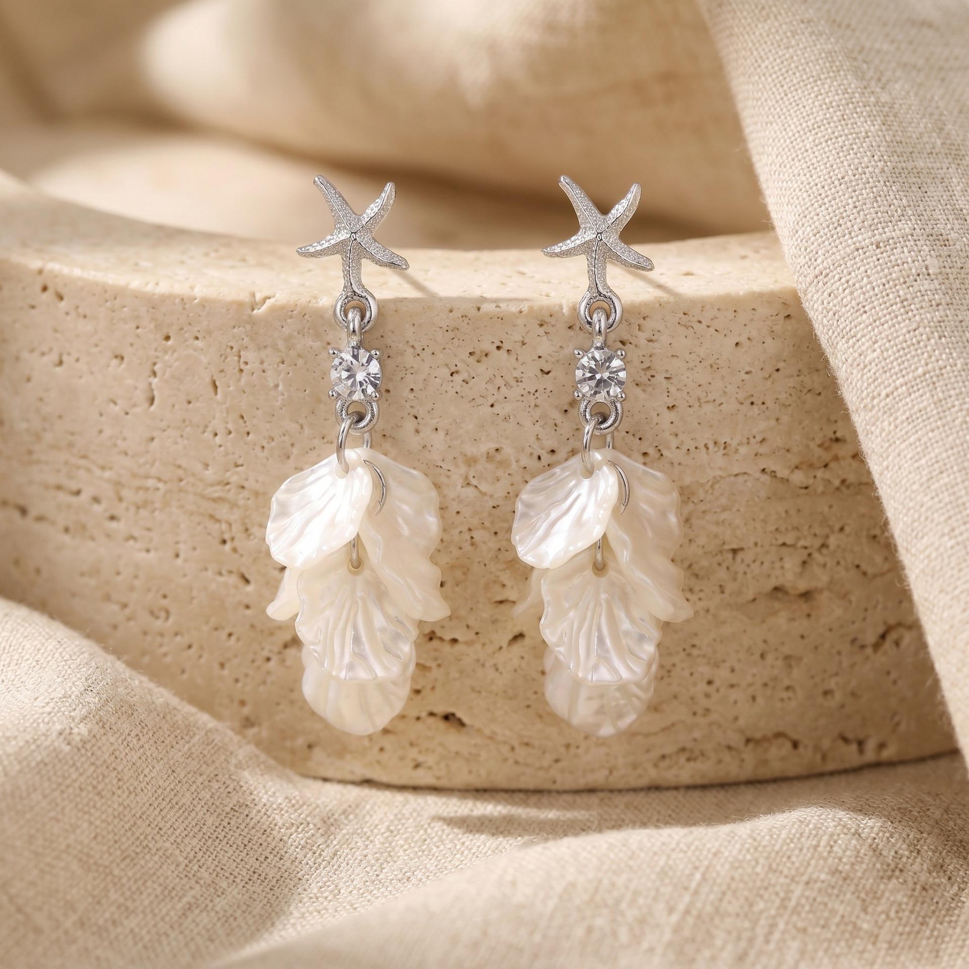 Korean Style Rhinestone Starfish Petal Earrings - Versatile Long Studs for Seaside Vacation