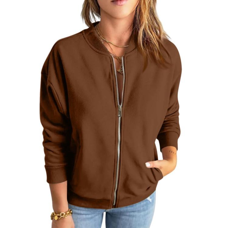 Fashionable Casual Jacket Women Solid Color Zipper Top Outerwear