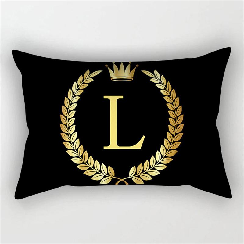 Gold Color Letter Cushion Cover 30x50cm Rectangle Pillow Case Crown Leaves Plant Polyester Black Sofa Pillow Cover Home Decor