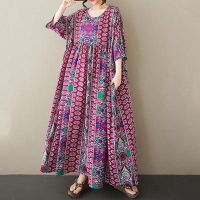 Kort mouw Plus size Katoen vintage bloemen nieuw binnen jurken voor vrouwen casual losse lange zomerjurk