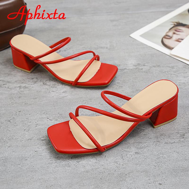 Fashion Aphixta 2025 New 4.5cm Red Low Square Heels Slides Women Simple Peep Toe Flip Flops Cool Summer Slippers Sandals Elegant Shoes