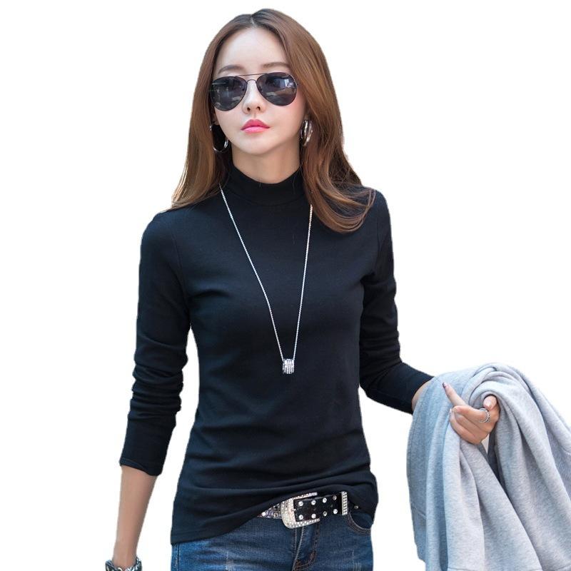 2024 Spring Fashion Korean Style Slim Solid Color Women's Long Sleeve T-Shirt Half Turtle Neck Long Sleeve Women's T-Shirt Top